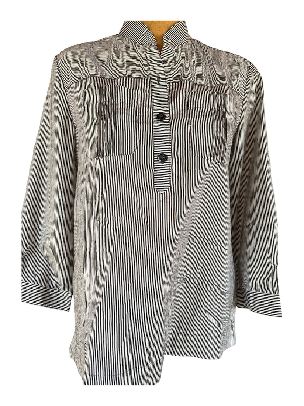 Talbots Black and White Pinstripe Mandarin Collar Pullover Blouse